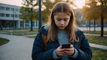 Školačka opouští budovu školy, v ruce má telefon a smutně sleduje jeho obrazovku.